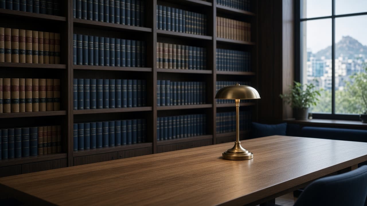 A quiet reading room with law volumes and a long oak table.